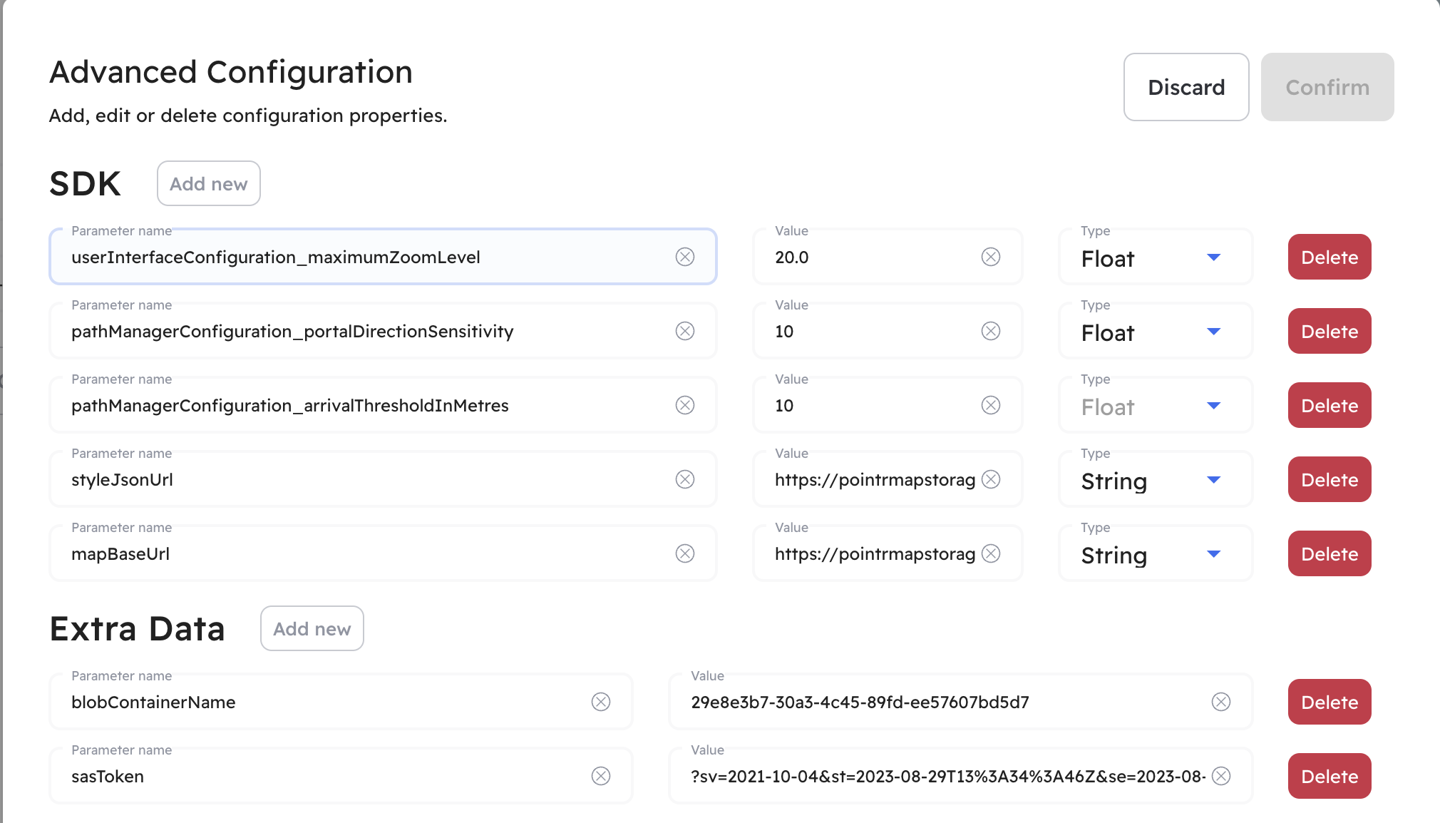 Pointr Dashboard Client Configuration Screenshot