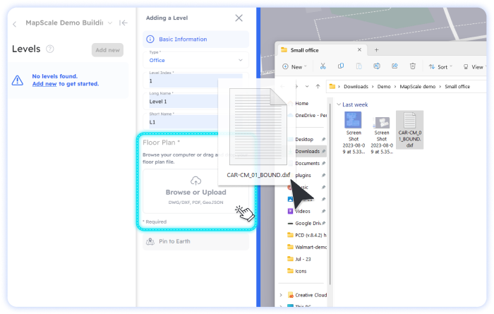 drag and drop dxf to MapScale via Pointr Cloud Dashboard