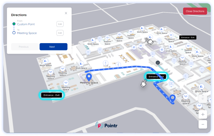 Showcase how wayfinding avoid obstacle around a building exit on Pointr Maps