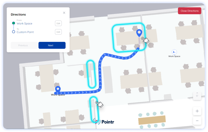 Showcase how wayfinding avoid obstacle on Pointr Maps