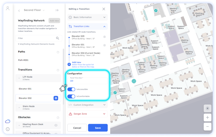 Add transition travel time and accessibility settings